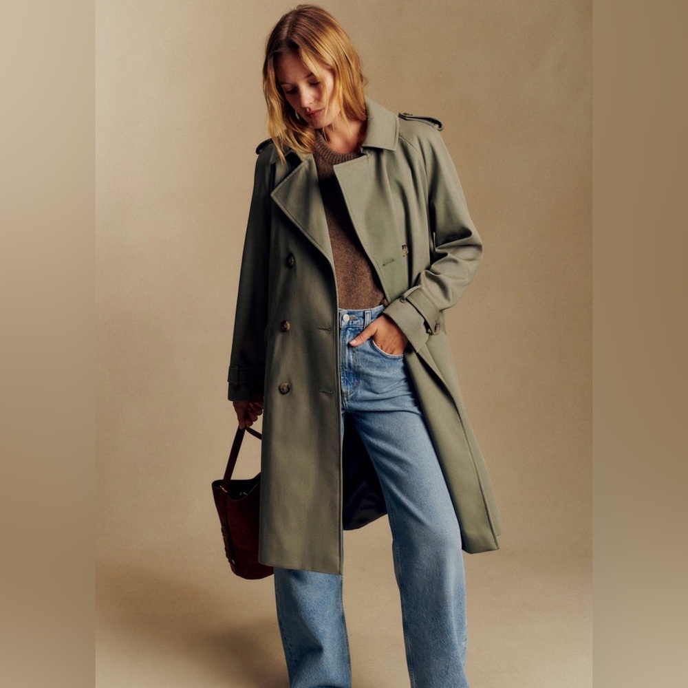 Sezane Olive Green Double-Breasted Trench Coat